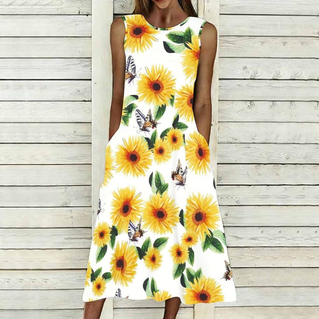 Women Oversized Sleeveless Round Neck Dress Bright Floral Printed Loose Mid Calf Gown