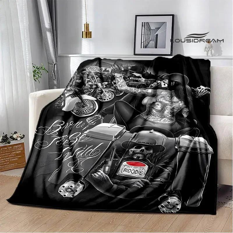 Retro Totenkopf Motorrad bedruckte Decken Picknickdecke Flansch Warme Decke Haus Reise Decken Bettwäsche Geburtstagsgeschenk