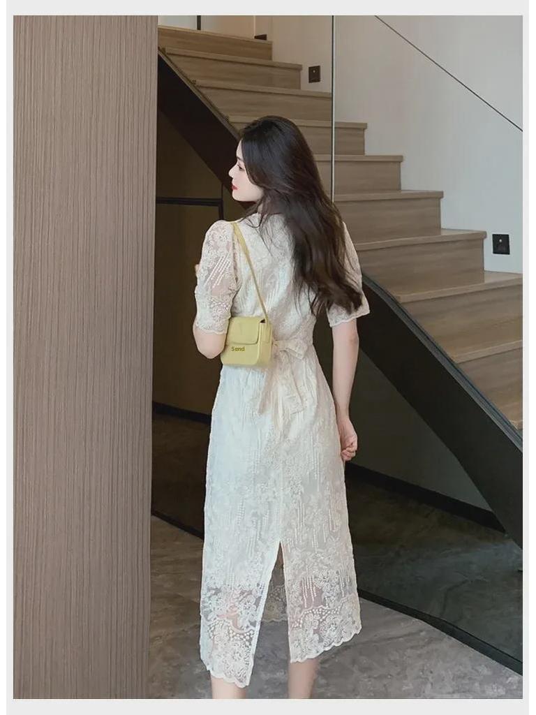 2025 Summer Korean Puff Sleeve Midi Dress with French Lace