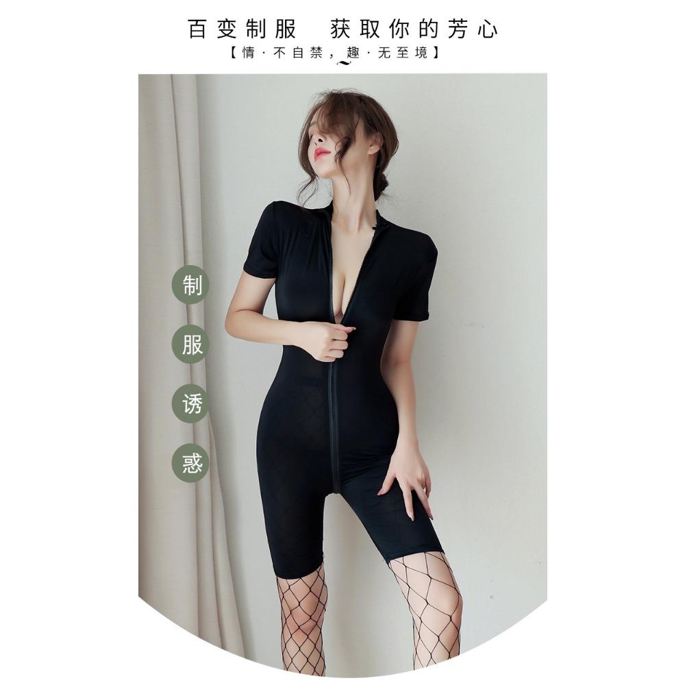 Sex Underwear Women's Sexy Silky Swimming Cloth Zipper Short Sleeve Open Gear Free Sexy Onesie Set One Piece with Hair