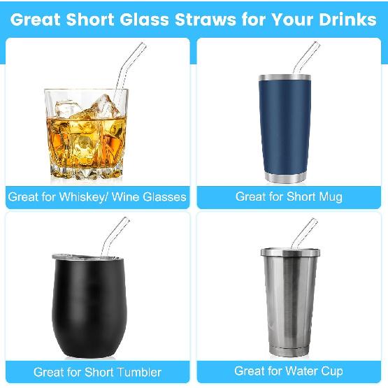 [10 Pcs] Reble Short Bent Glass Straws - 6" x 10 mm Clear Glass Straws Shatter Resistant Cocktail Straw With 2 Cleaning Brushes for