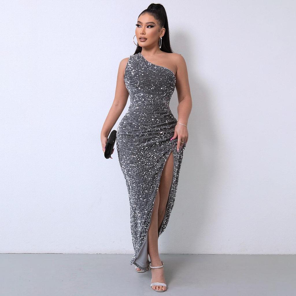 2023 Independent Fashion Velvet One-Shoulder Sequin Slit Evening Gown