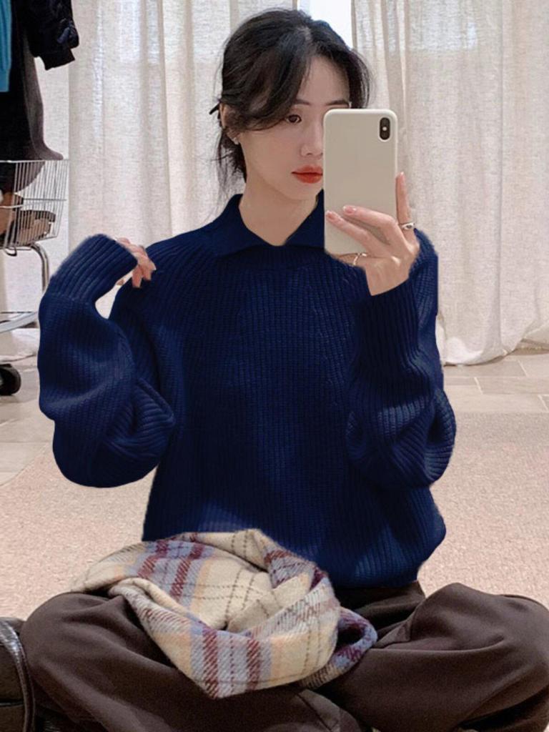 Women's Fuzzy Gray Lapel Sweater - Cozy Korean Loose Fit for Autumn/Winter
