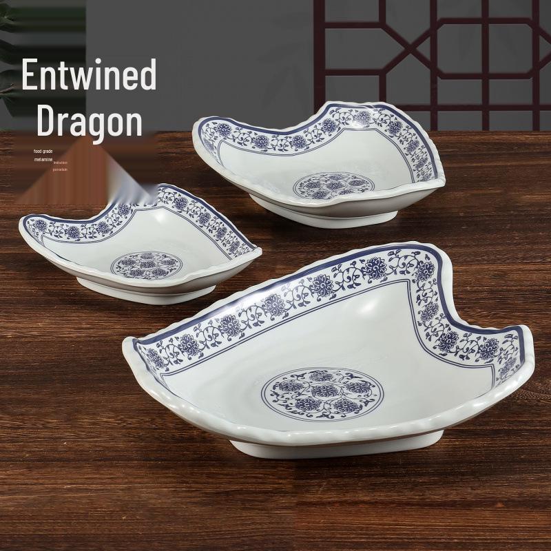 Blue and White Melamine Porcelain Plate - Irregular Shape Retro Cold Dish for Restaurants and Hotels
