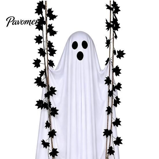 Autumn Garden Landscaping Props Halloween Hanging Swing Ghost Decoration with Maple Leaf, LED Lighted Large Spooky Funny White Ornament Swinging