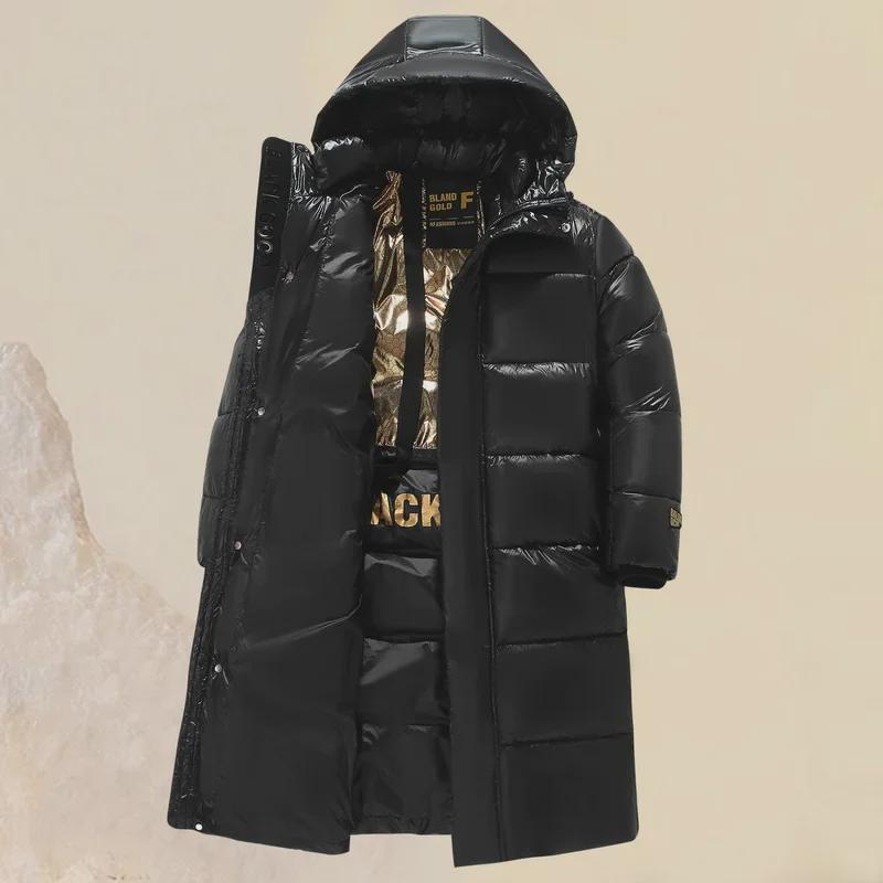 2023 Black & Gold Hooded Long Down Cotton Jacket for Men - Winter Thickened Coat for Young & Middle-Aged Couples