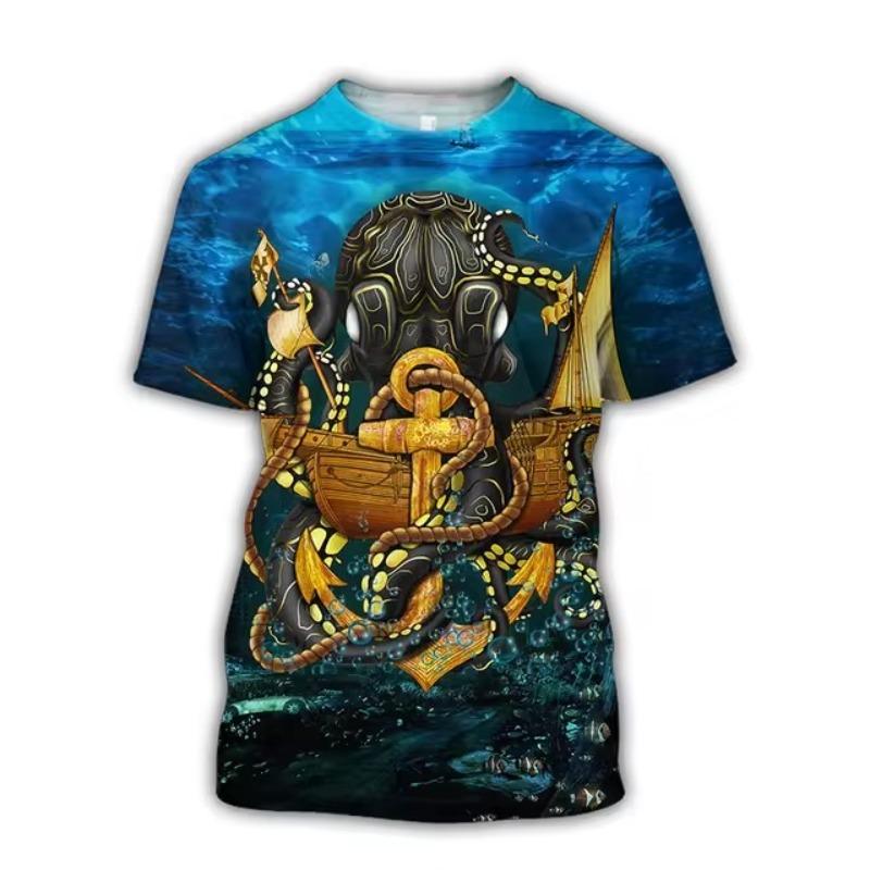 Men'S New Summer 3d Printing Hd Printed O-Collar Short Sleeve T-Shirt Ocean Octopus Art Personality Retro Plus Size Loose Top