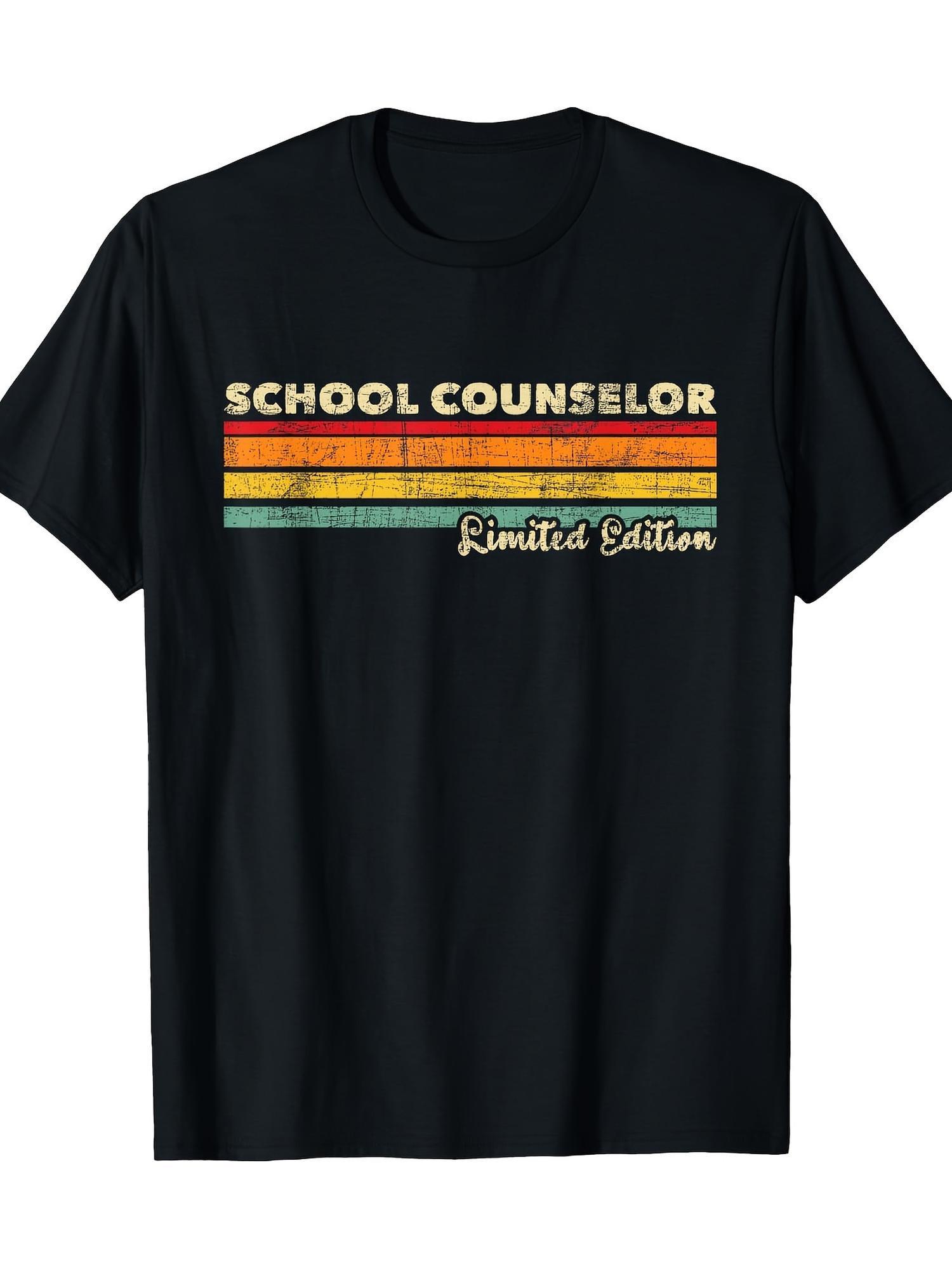 School Counselor Limited Edition T-shirt - Retro Geometric Stripe Design with Black Ribbon Accent L