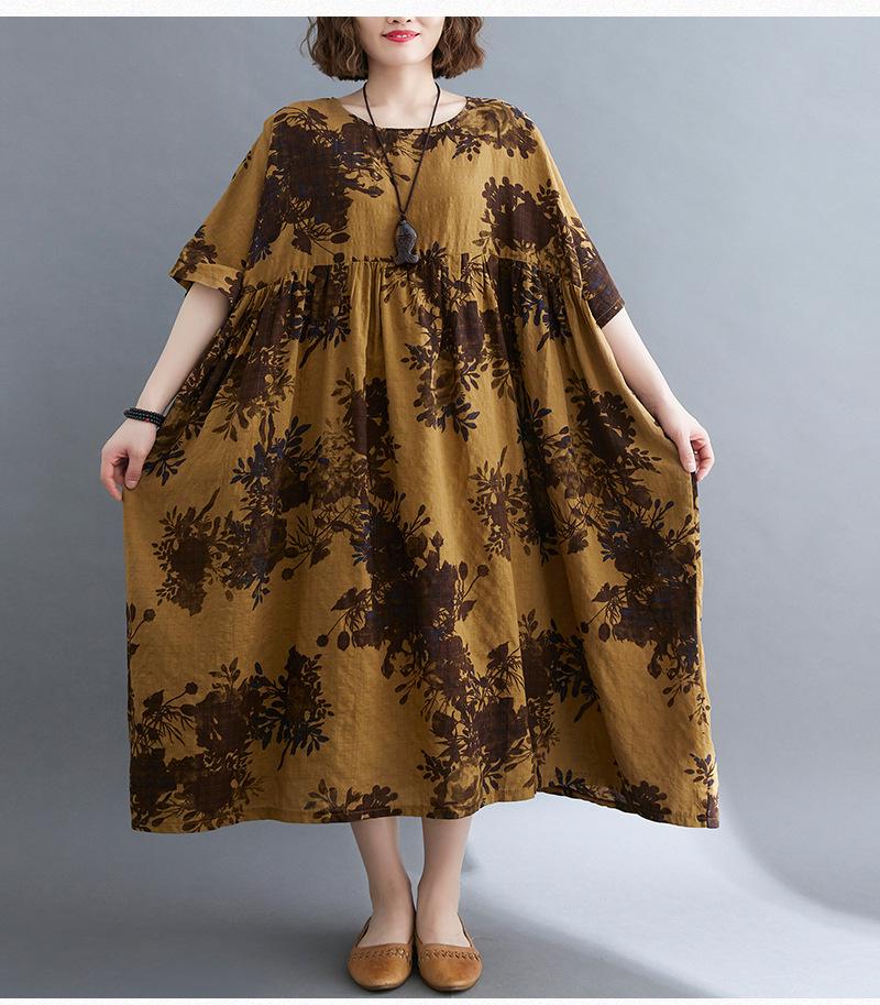 

Летнее ретро-платье больших размеров 2021 года с круглым вырезом, короткими рукавами и широкими складками One Size жёлтый