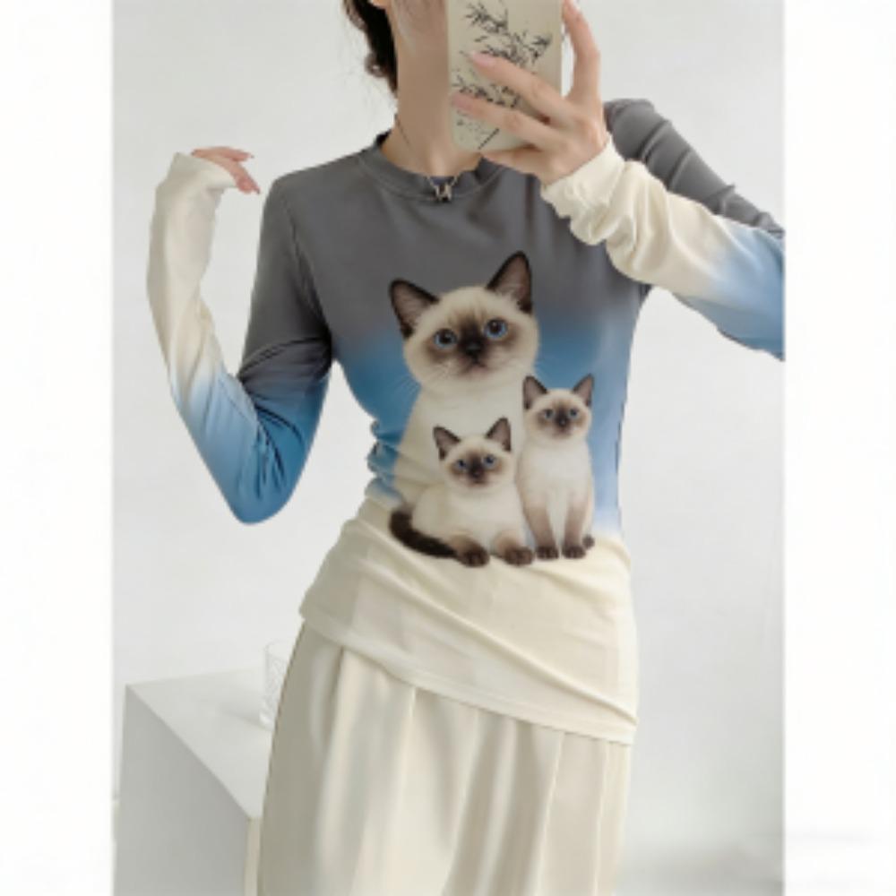 Spring Europe America Cat Leopard Print Fashion Women's T-shirt Pullover Women Long Sleeve Clothing Outdoor Casual Tees Top