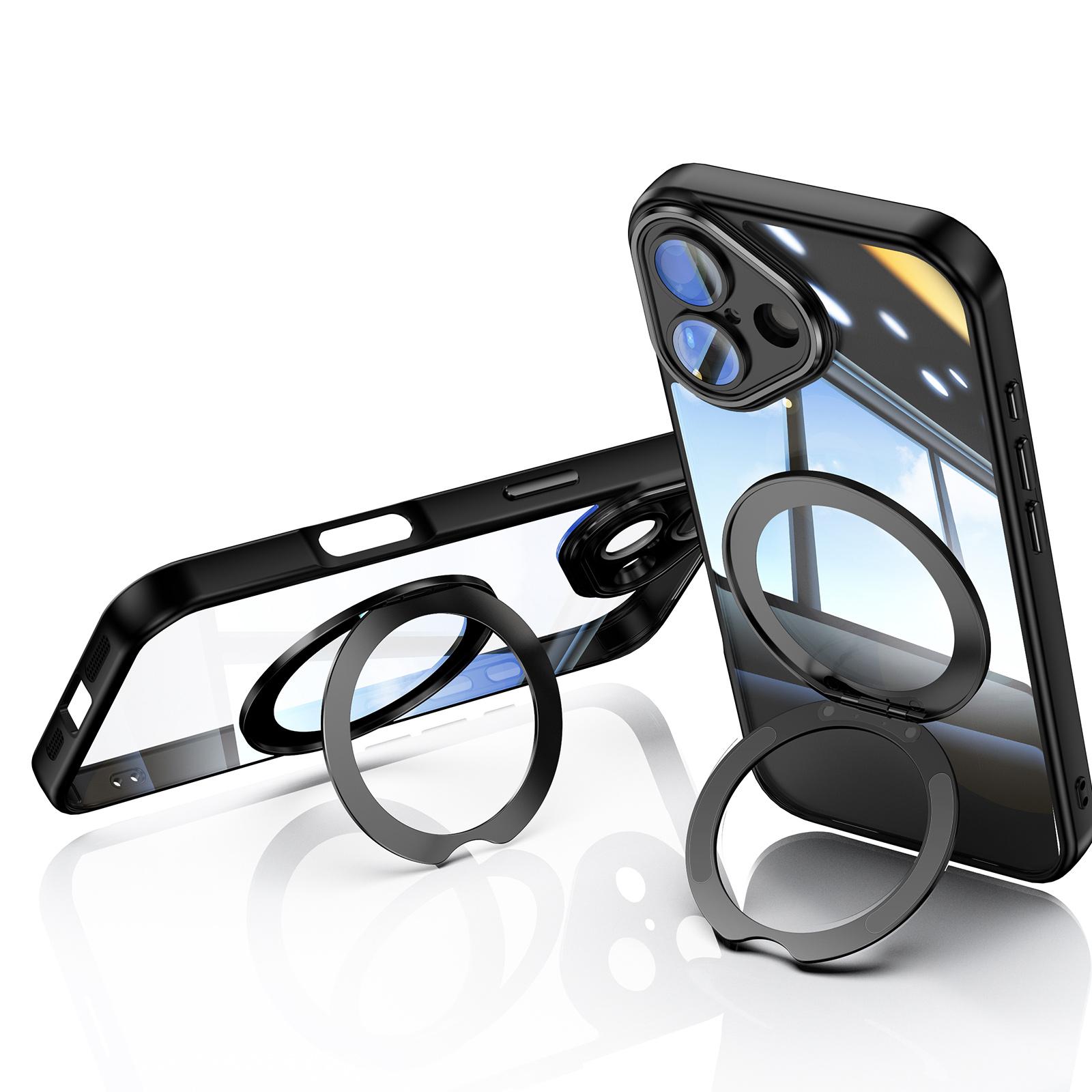 

For iPhone 16 Plus Case Rotatable Magnetic Kickstand TPU+PC Phone Cover with Lens Film Black