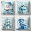 Christmas Decoration Pillow Cover Blue Santa Claus Snowman Snowflake Pattern Suitable for Home Room Sofa Cushion Cover