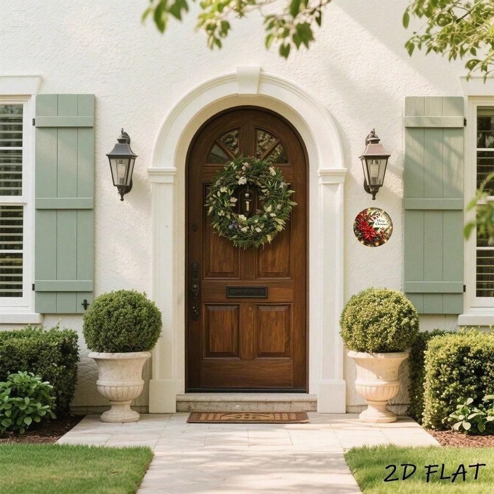 Vintage Merry Christmas Metal Sign 8 Inch Round Aluminum Red Poinsettia Holiday Wall Art Rustic Farmhouse Decor