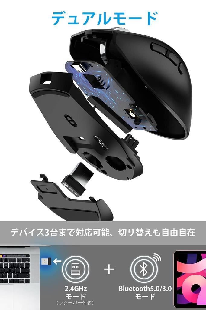 iClever Wireless Mouse, Bluetooth Mouse, Type-C Rechargeable, Quiet, Dual Mode, Multi-Pairing, Supports 3 Devices, 4 DPI Settings (800120016002400),