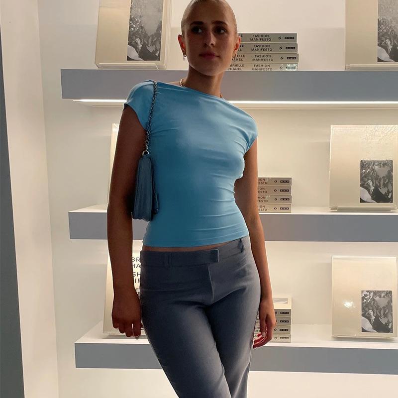 Damska koszulka z okrągłym dekoltem i odkrytymi plecami, krótki rękaw, jednolity kolor, krótki top, letnia, słodka koszulka dla niemowląt, ubrania Y2K, dopasowane tuniki, modna koszulka bez rękawów