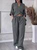 2024 Women's Solid Color Single-Breasted Long Sleeve Shirt & Wide Leg Tie Pants Set