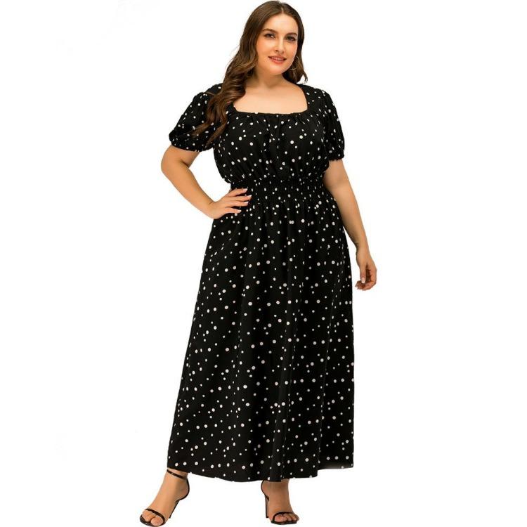 Women Plus Size Summer Dress Long A Line High Waist Square Collar Bubble Sleeves Dot Print XL 4XL