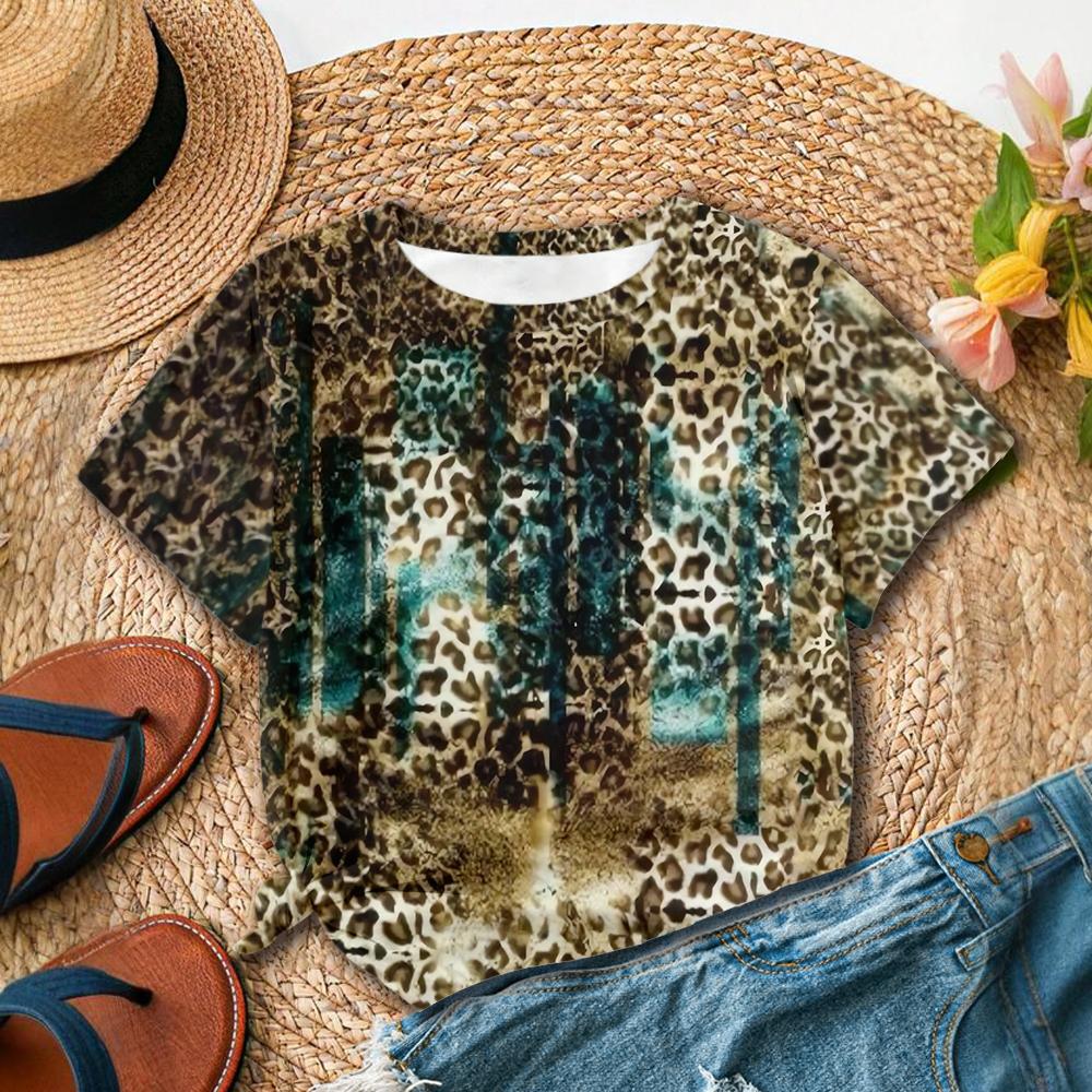 

Женская персонализированная футболка с сине-зеленым леопардовым принтом, модная футболка с короткими рукавами и круглым вырезом, новая летняя коллекция 2025 года 6XL
