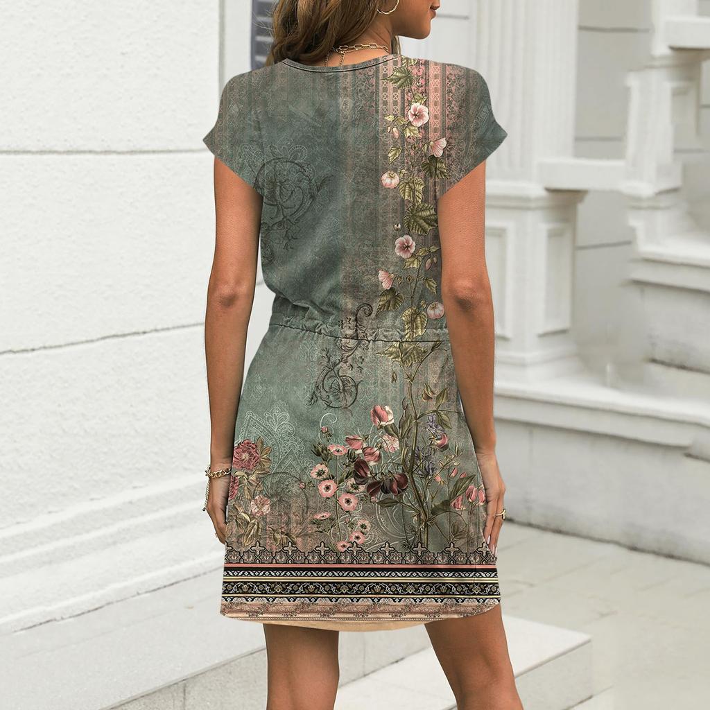 Women's Summer V-Neck Short Sleeve Drawstring With Pocket Floral Print Casual Dresses