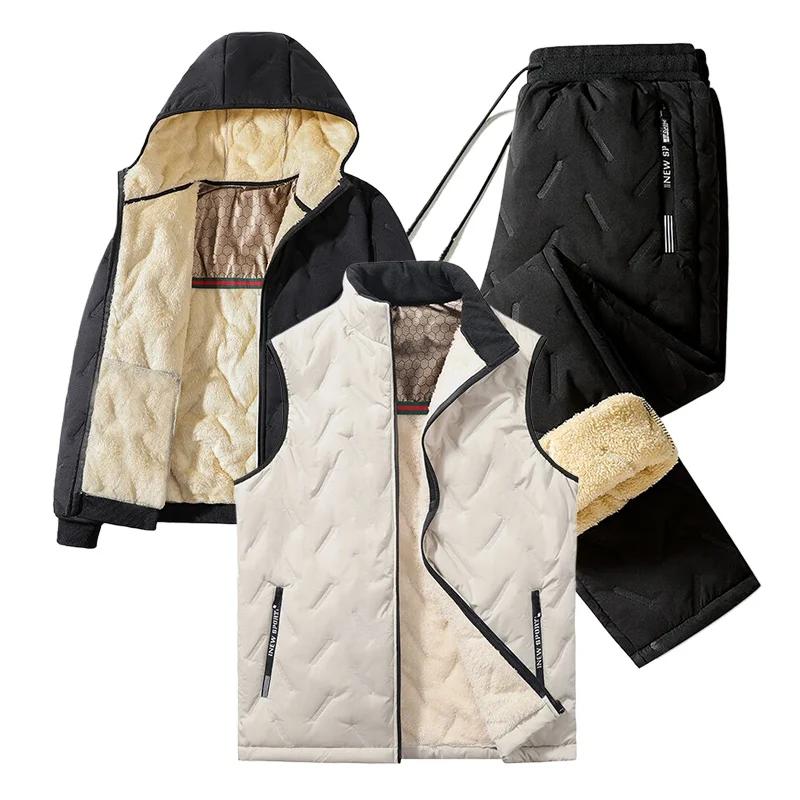 Mens Tracksuit Set Fashion Jogger Winter Graphene Fleece Warm Hooded Jacket Vest + Pants 3 Piece Male Casual Running Sports Suit