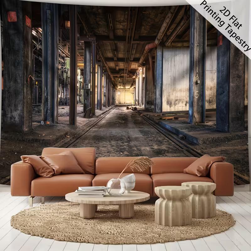 2D Grunge Factory Tapestry Vintage Warehouse with Railroad Tracks Wall Background