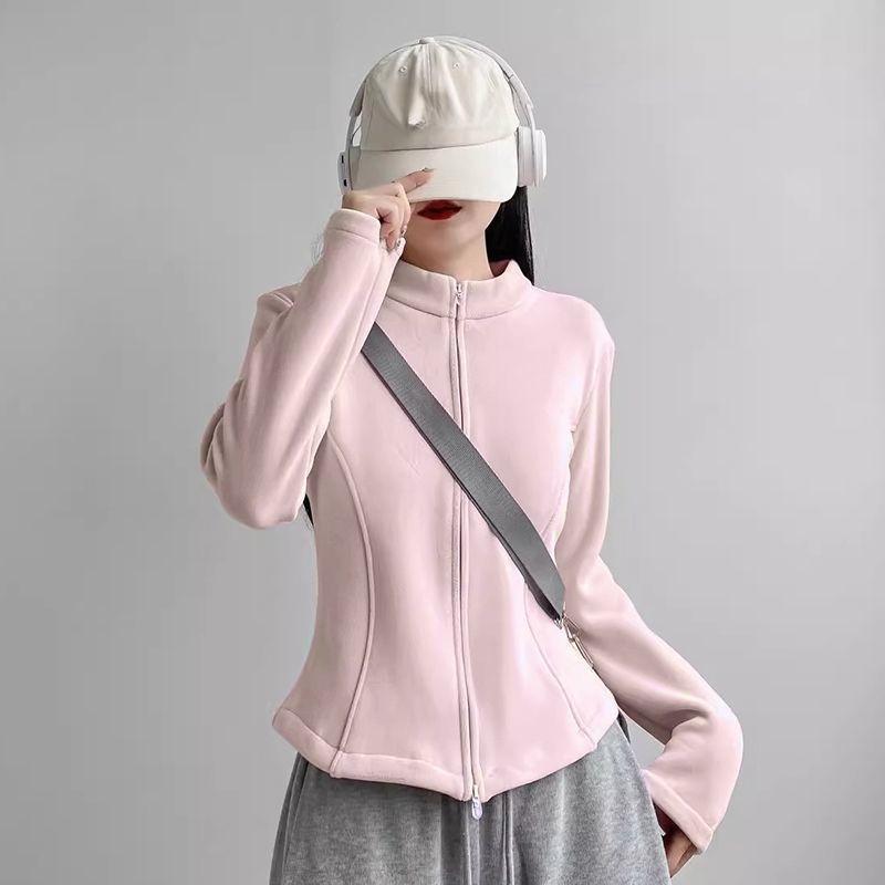 Women Stand Collar Fleece Jacket Lady Girls Zip-up Sport Style Yoga Jacket Solid Cardigan Jacket