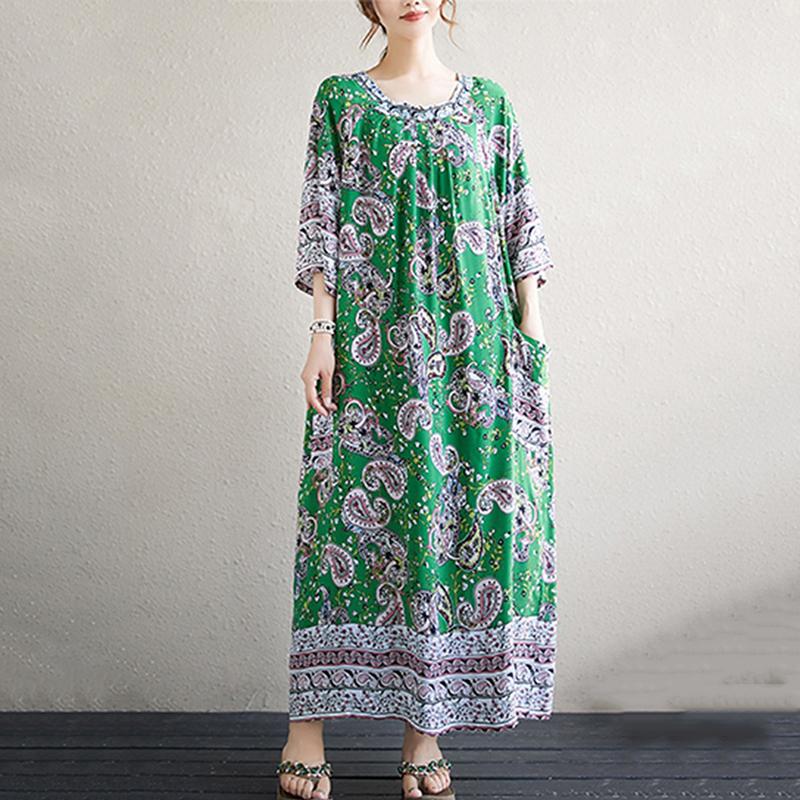 Xitao Pleated Print O-neck Dress ZMY1099
