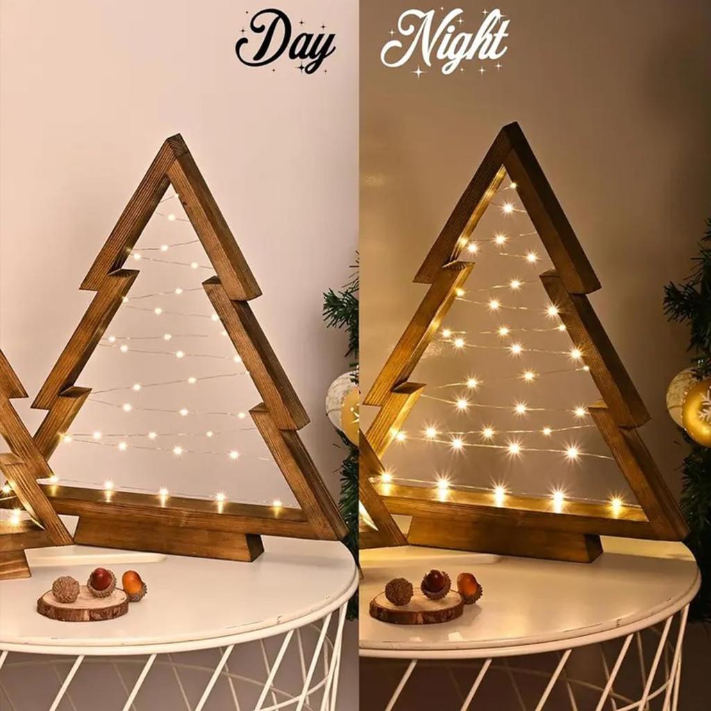 A Set Of Christmas Table Decorations, Two Sizes Of Wooden Christmas Tree Lights, Christmas Holiday Decoration Interior