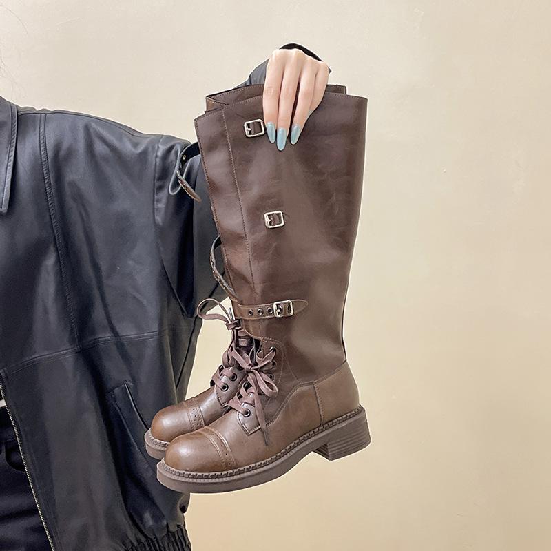 Design sense locomotive belt buckle boots women's 2025 autumn and winter retro European and American thick-soled thick-heeled fashion boots high-heel