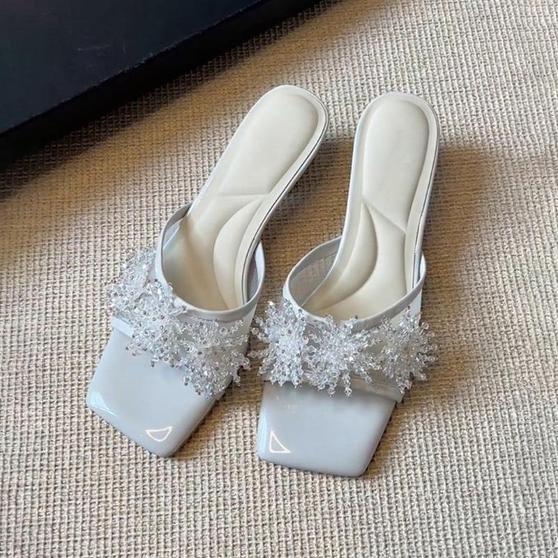 Sheepskin Rhinestone Mesh Leather Square Head High-heeled Slippers Women's Summer Open-toed Beautiful Temperament Wear Cool Slippers