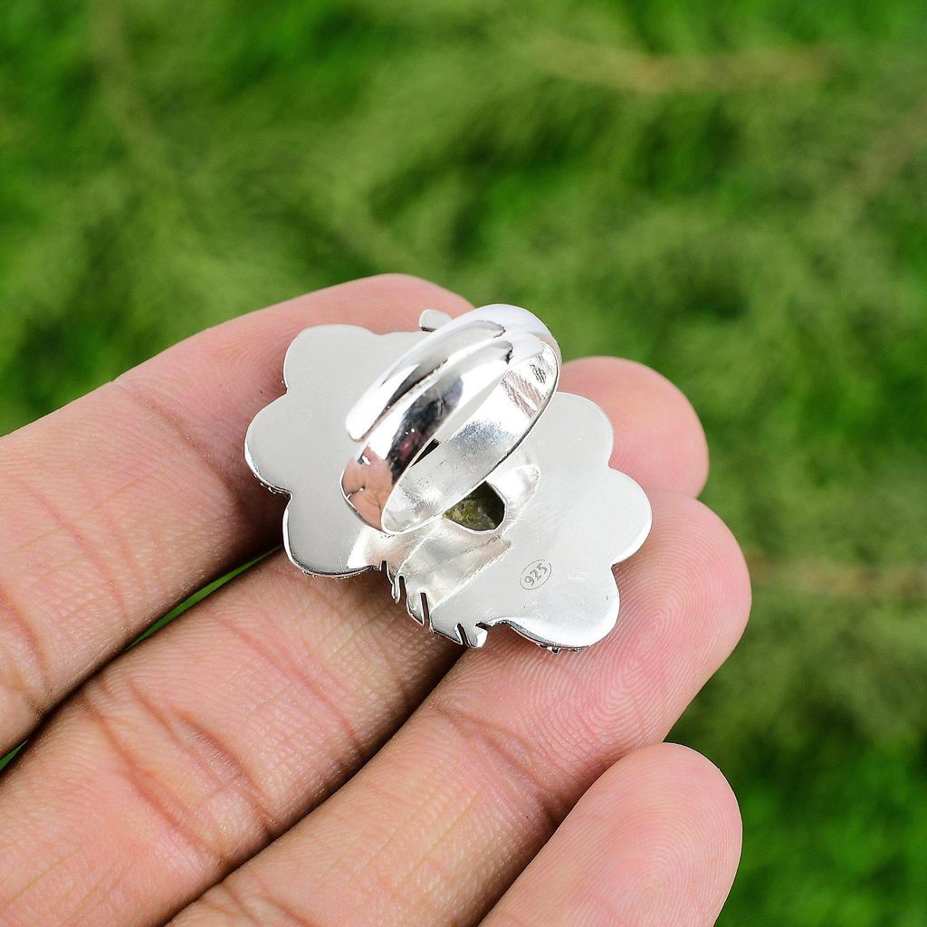 Natural Unakite Gemstone Solitaire Flower Green Adjustable Ring 925 Silver