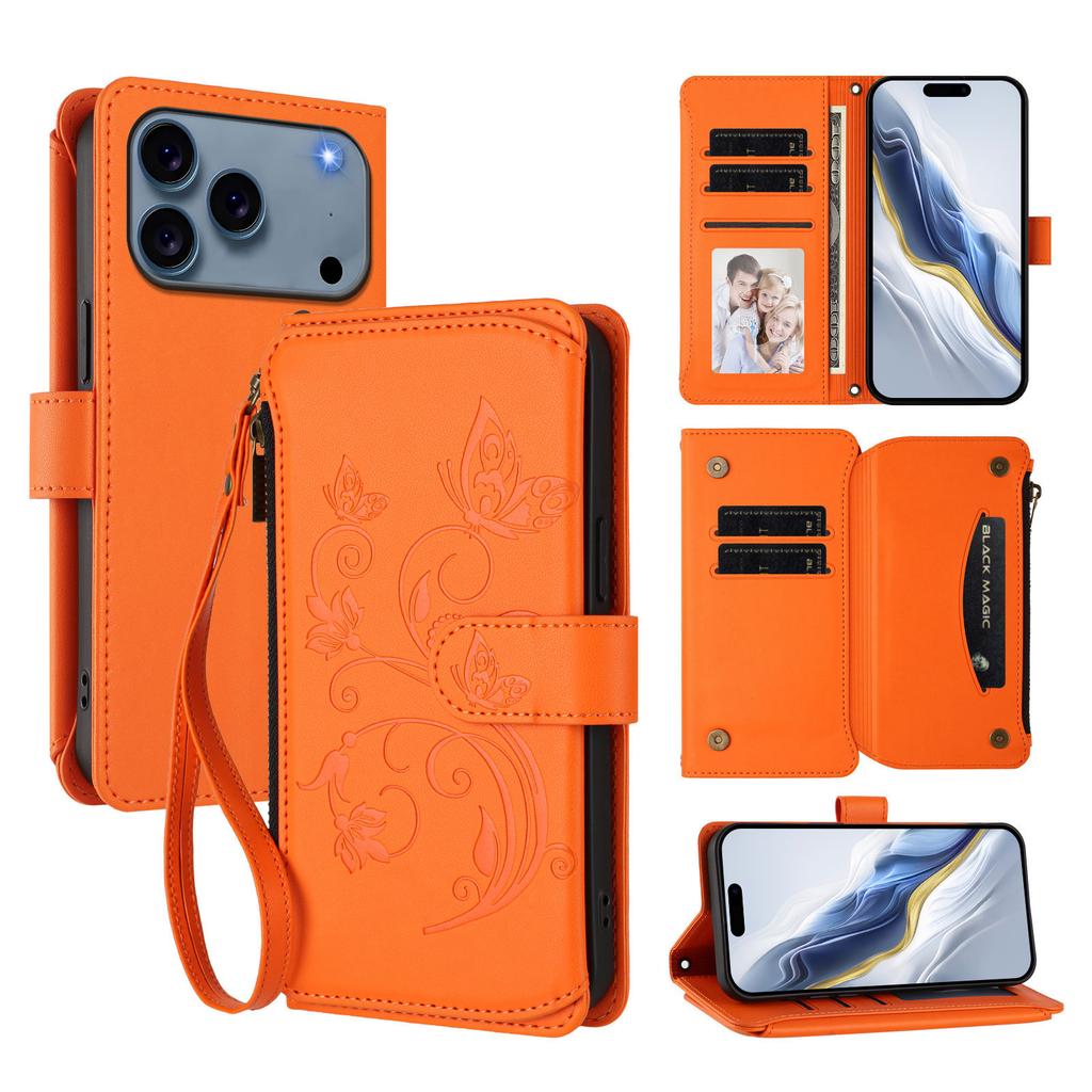 Dla iPhone 17 Pro Max Skórzane Etui Motyl Kwiatowy Wzór Portfel na Zamek Pokrowiec z Podstawką z Paskiem na Nadgarstek