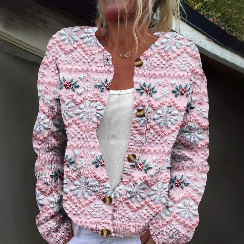 Women's Fashion Christmas Print Long Sleeve Knitted Cardigan Button Jacket