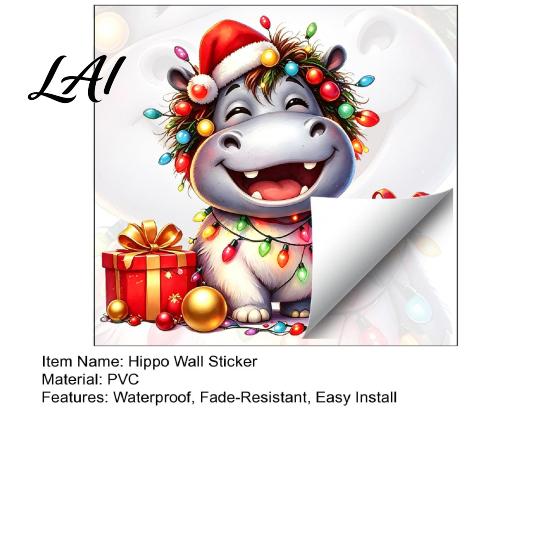 Self Adhesive Bathroom Glass Film Cartoon Hippo Christmas Wall Decal Cute Sticker with Colorful Lights & Indoor Outdoor Festive Ornaments Xmas Balls,