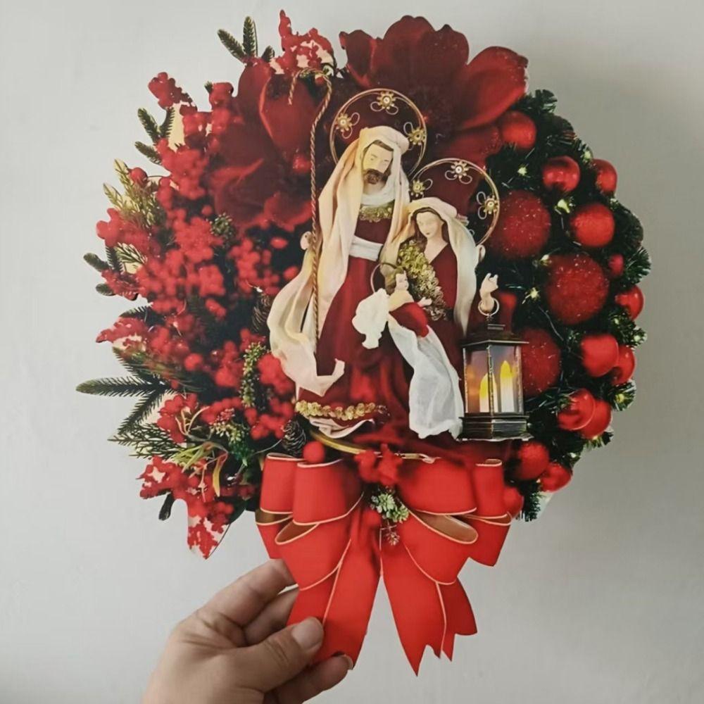 Red Christmas Wreath 2D Oil Lamp Door Hanging Artificial Garland Wooden Reusable Christmas Ornaments Fireplace Mantel