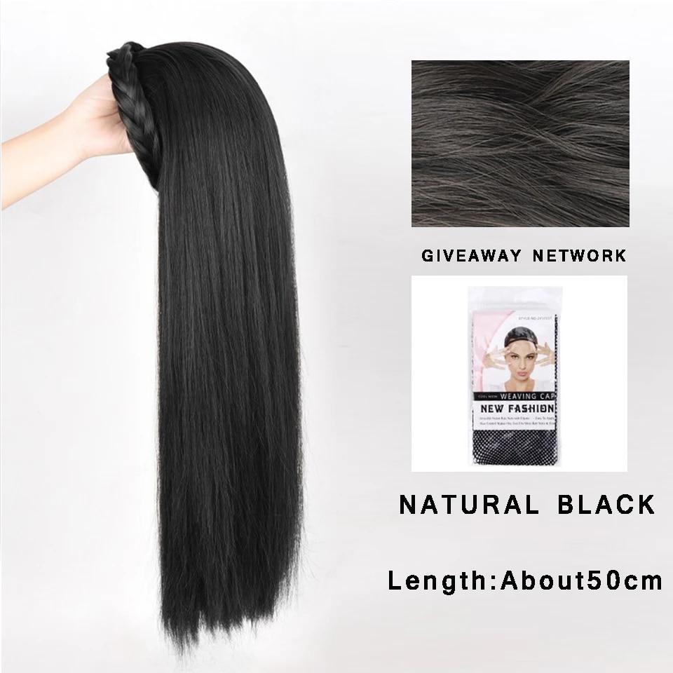 Synthetic Long Wavy Headband Wig Black Brown Women's With Twist Braid Hairband Accessories Natural Half Wig