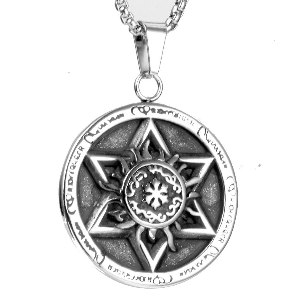 Vintage Relief Hexagonal Star Flame Pattern Necklace Pendant, Men's Cool Personalized Versatile Jewelry