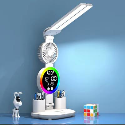 LED Clock Table Lamp With Fan USB Chargeable Touch Lights 2Heads 180 Rotate Foldable Eye Protection Desktop Reading Table Lights