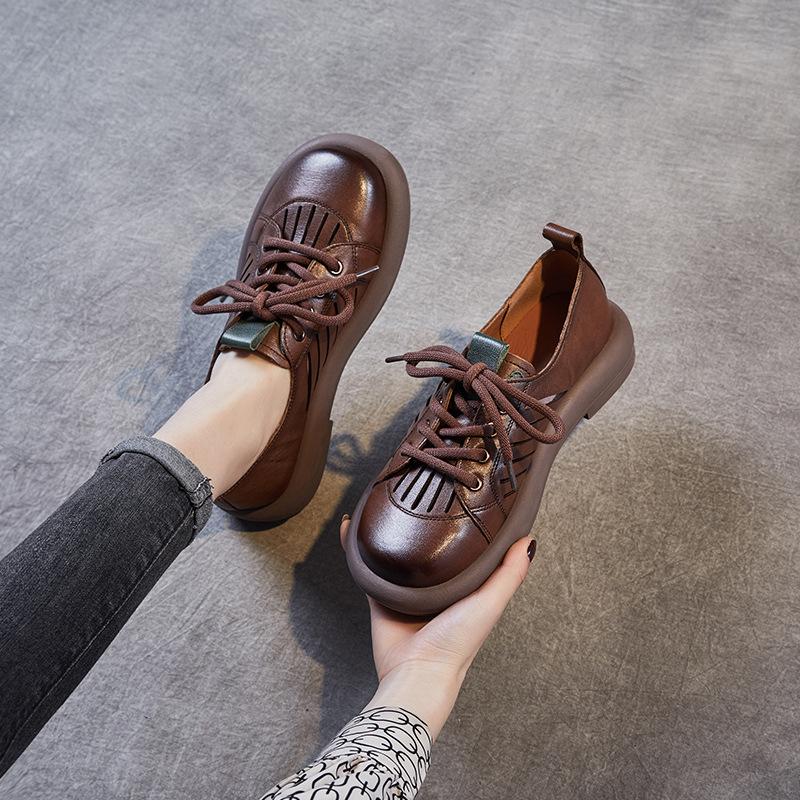 Fashion Vintage Cowhide Brown Flat Sole Women's Shoes Hollow Out Breathable Women's Shoes Summer Women's Shoes Soft and Healthy