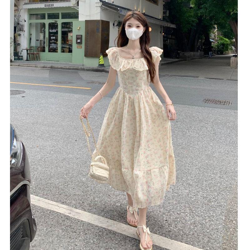 Women's Summer 2024 Embroidered Ruffle Waist-Hugging Petite Dress