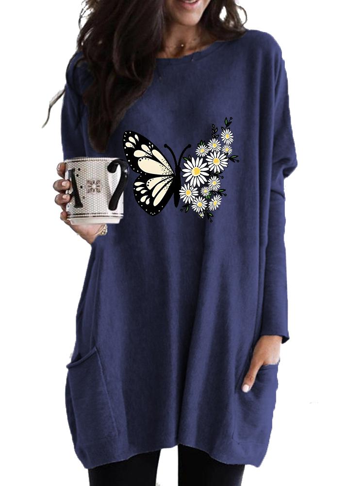 Women's Long Tunic with Pockets Loose Fit Fashion Printed Logn Sleeve Top Women's Sweatshirt