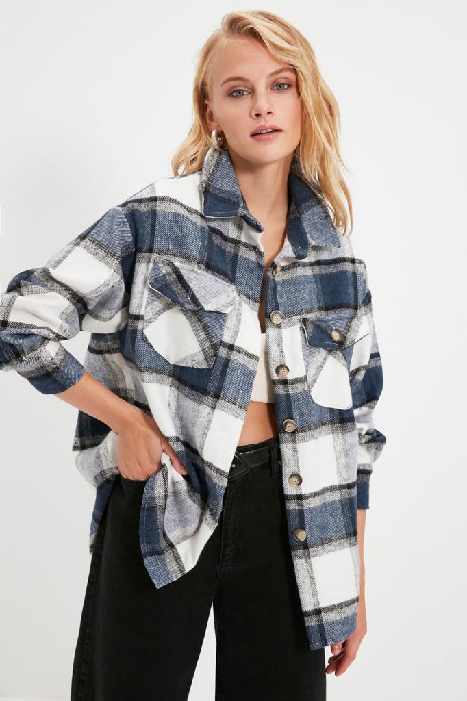 Women's Fashion Black Plaid Oversize Wide Fit Woven Jacket Shirt