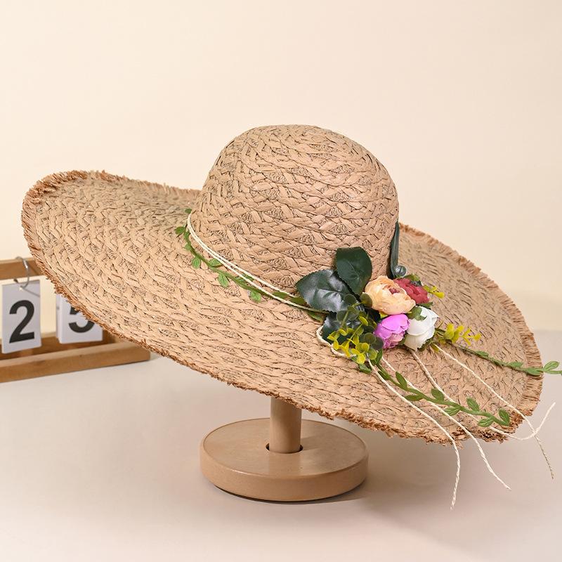Spring and Summer Hat Women's Rough Edge Large Brim Lafite Straw Hat Sunshade Sunscreen Hat Simulation Flower Show Face Small Sun Hat