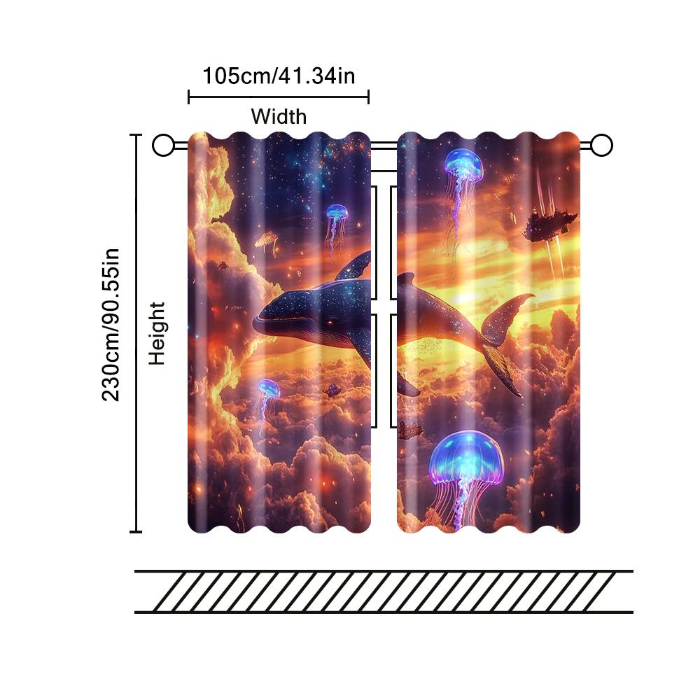 Filtering Curtains Excluding Rods Non Movable Without Batteries Charming Flying Whales Jellyfish Use Set Of 2 Made Polyester