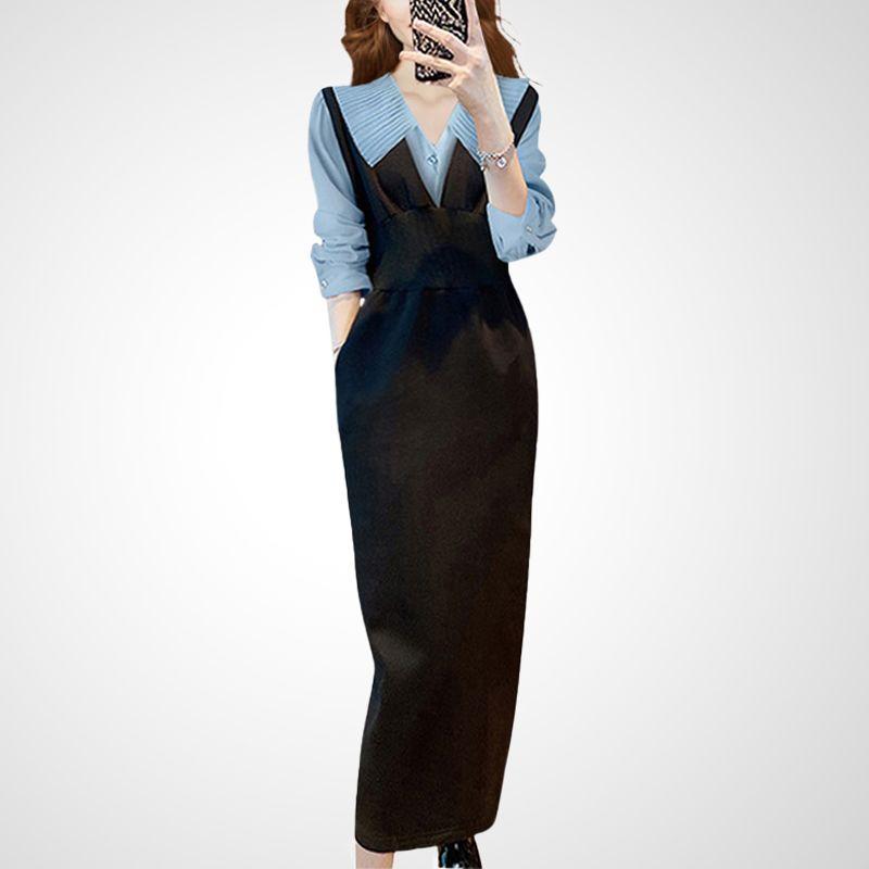 

Омолаживающий французский стиль, одежда на раннюю осень, облегающее платье-двойка BLUE + BLACK XXL