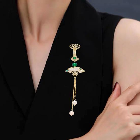 Fan Brooch Beads Tassel Rhinestone Inlays Dazzling Pin Sweater Dress Coat Suit Lapel Badge Outfit Accessories
