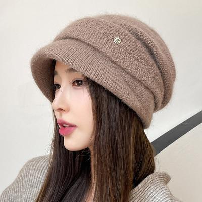 Luxury Copper Buckle M-standard Duck Tongue Rabbit Fur Hat for Women Winter Ear Protection Plush Basin Hats Outdoor Warm Knitted Hat