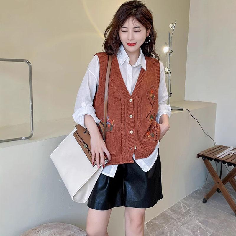 Strickweste mit Hohlstickerei für Damen, einreihig, ärmellos, V-Ausschnitt, Strickjacke, Harajuku-Pullover, Jacke, Herbst und Winter