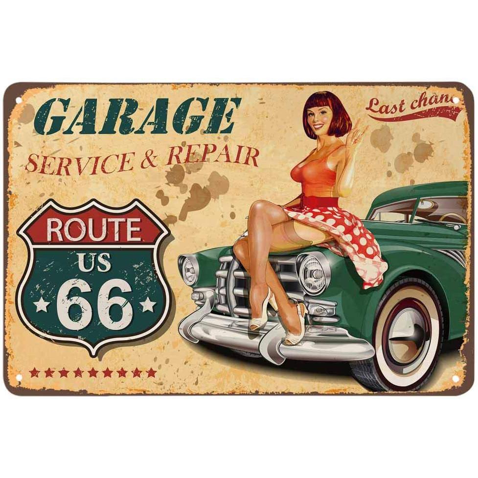 Pin-up Girls Gas Oil Station Motorcycle Full Service Greased Route 66 Auto Repair Metal Tin Signs Rural Vintage Garage Pub Ba