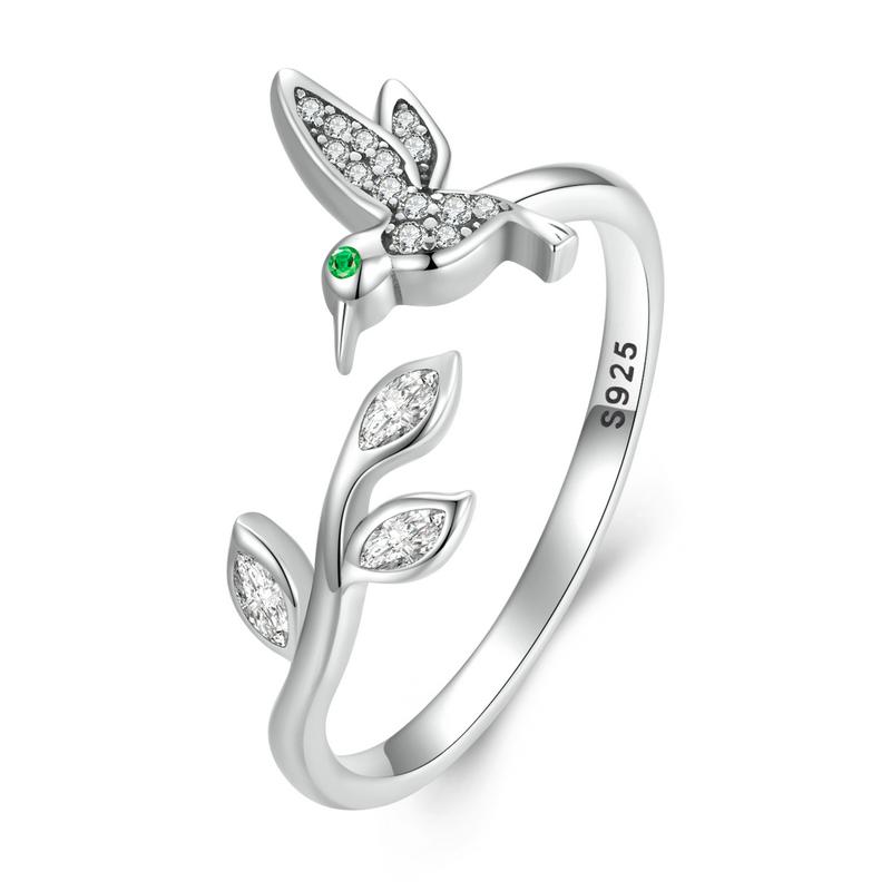 WOSTU 925 Sterling Silver Flower Bird Open Ring For Women Clear CZ Butterfly Adjustable Statement Rings Party Jewelry Gift